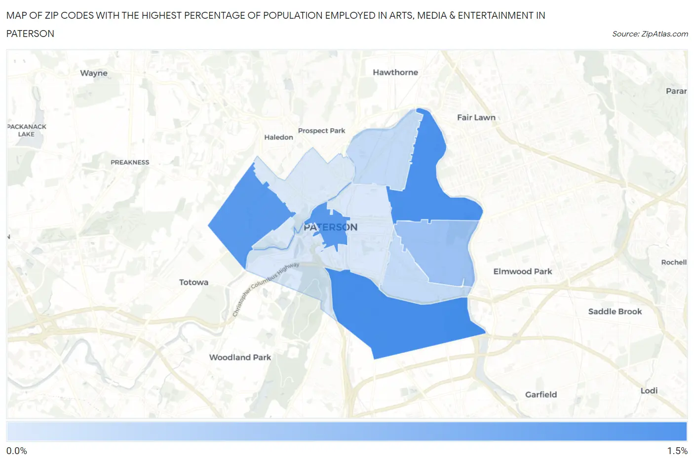 Zip Codes with the Highest Percentage of Population Employed in Arts, Media & Entertainment in Paterson Map