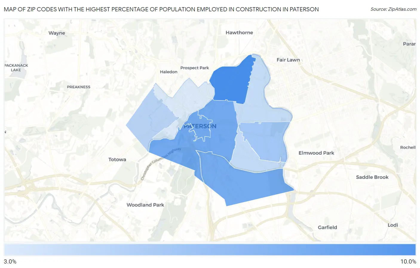 Zip Codes with the Highest Percentage of Population Employed in Construction in Paterson Map