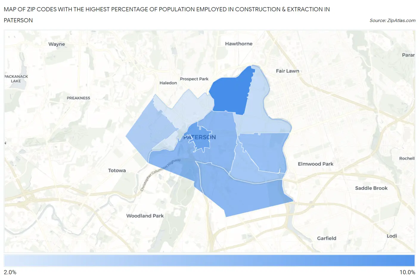 Zip Codes with the Highest Percentage of Population Employed in Construction & Extraction in Paterson Map