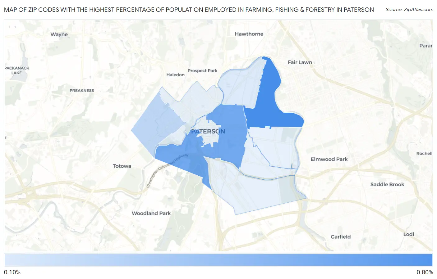 Zip Codes with the Highest Percentage of Population Employed in Farming, Fishing & Forestry in Paterson Map