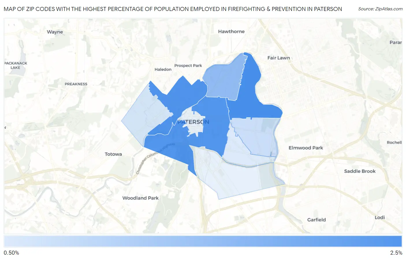 Zip Codes with the Highest Percentage of Population Employed in Firefighting & Prevention in Paterson Map