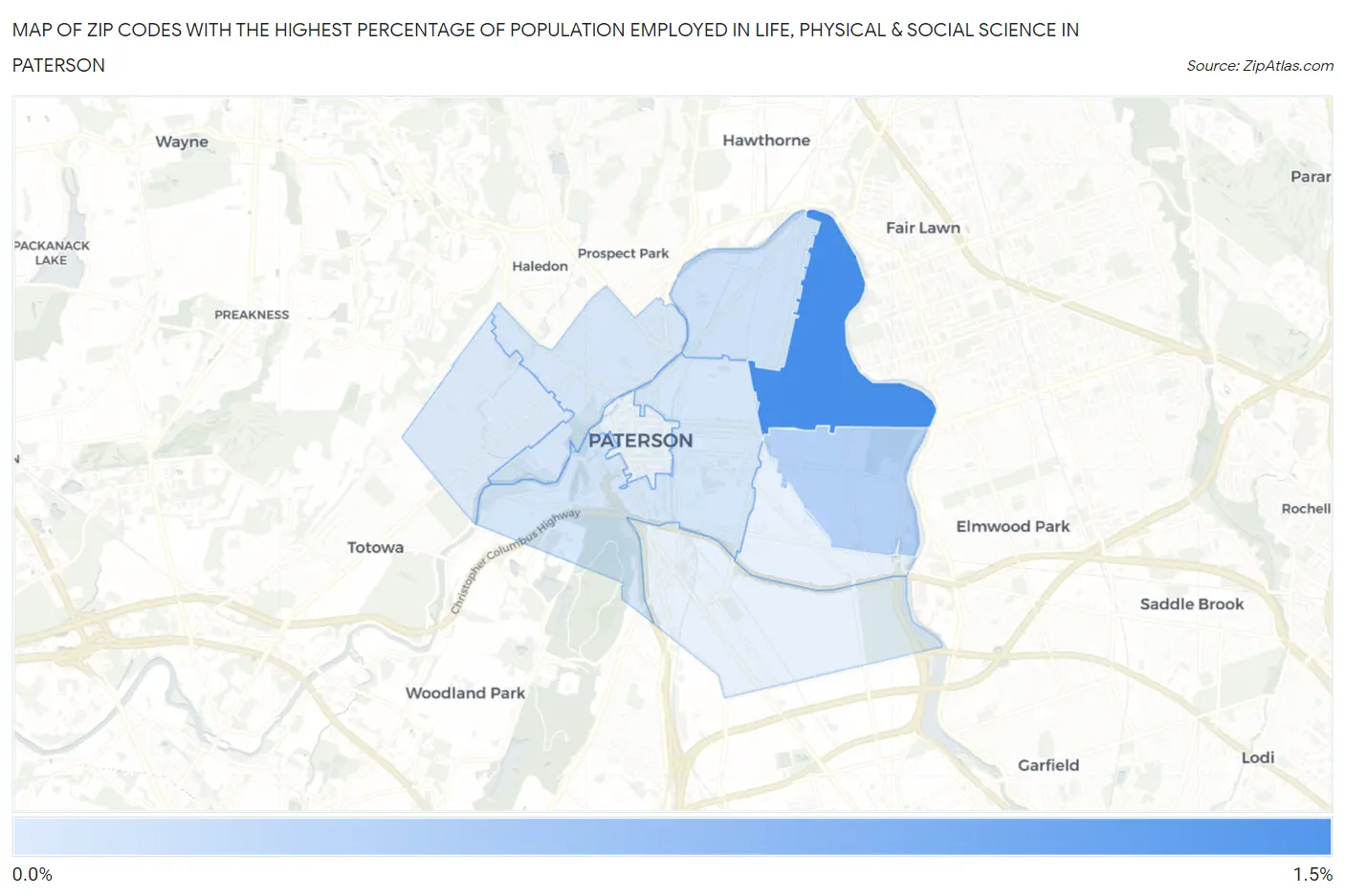Zip Codes with the Highest Percentage of Population Employed in Life, Physical & Social Science in Paterson Map
