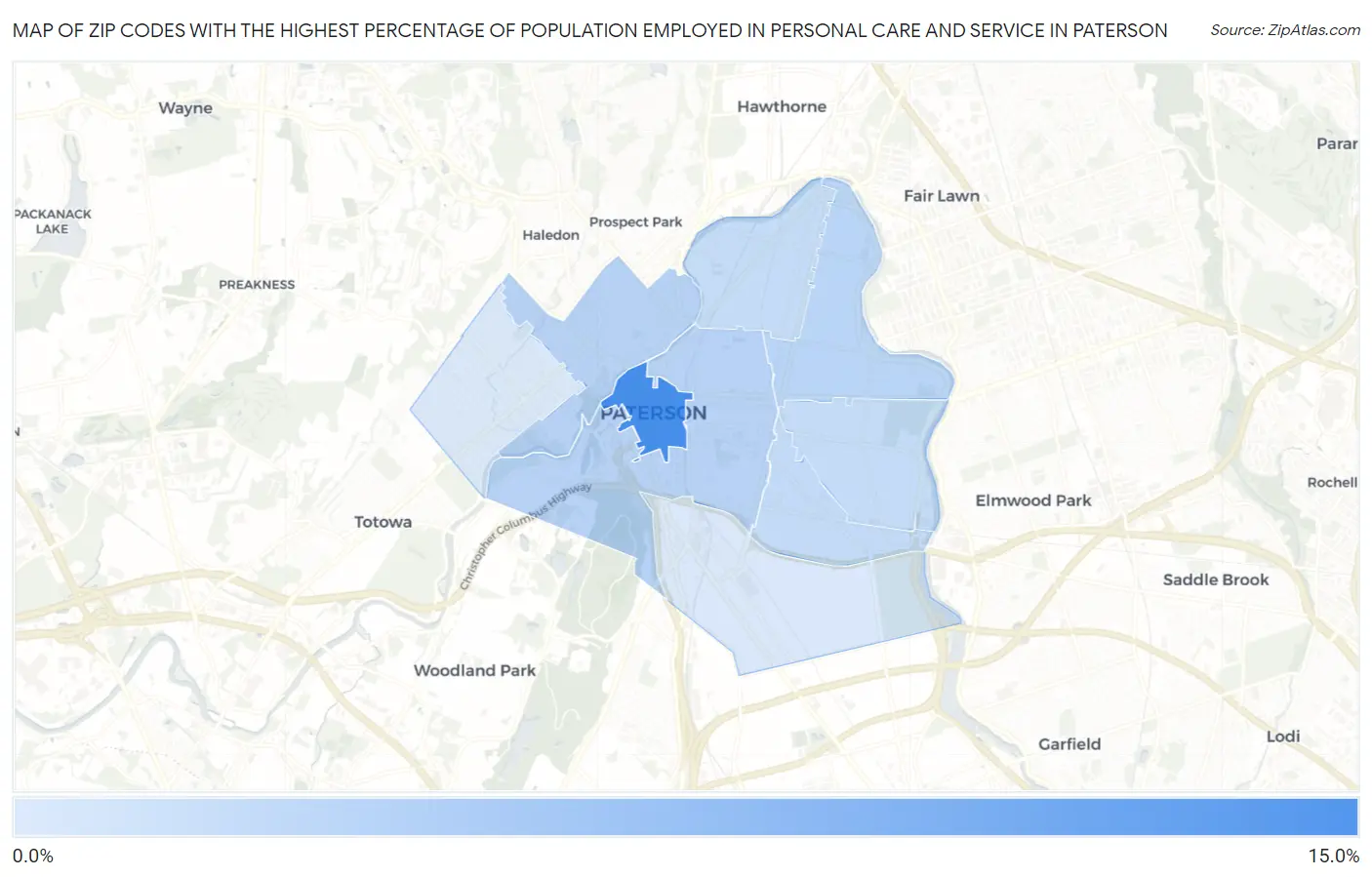 Zip Codes with the Highest Percentage of Population Employed in Personal Care and Service in Paterson Map