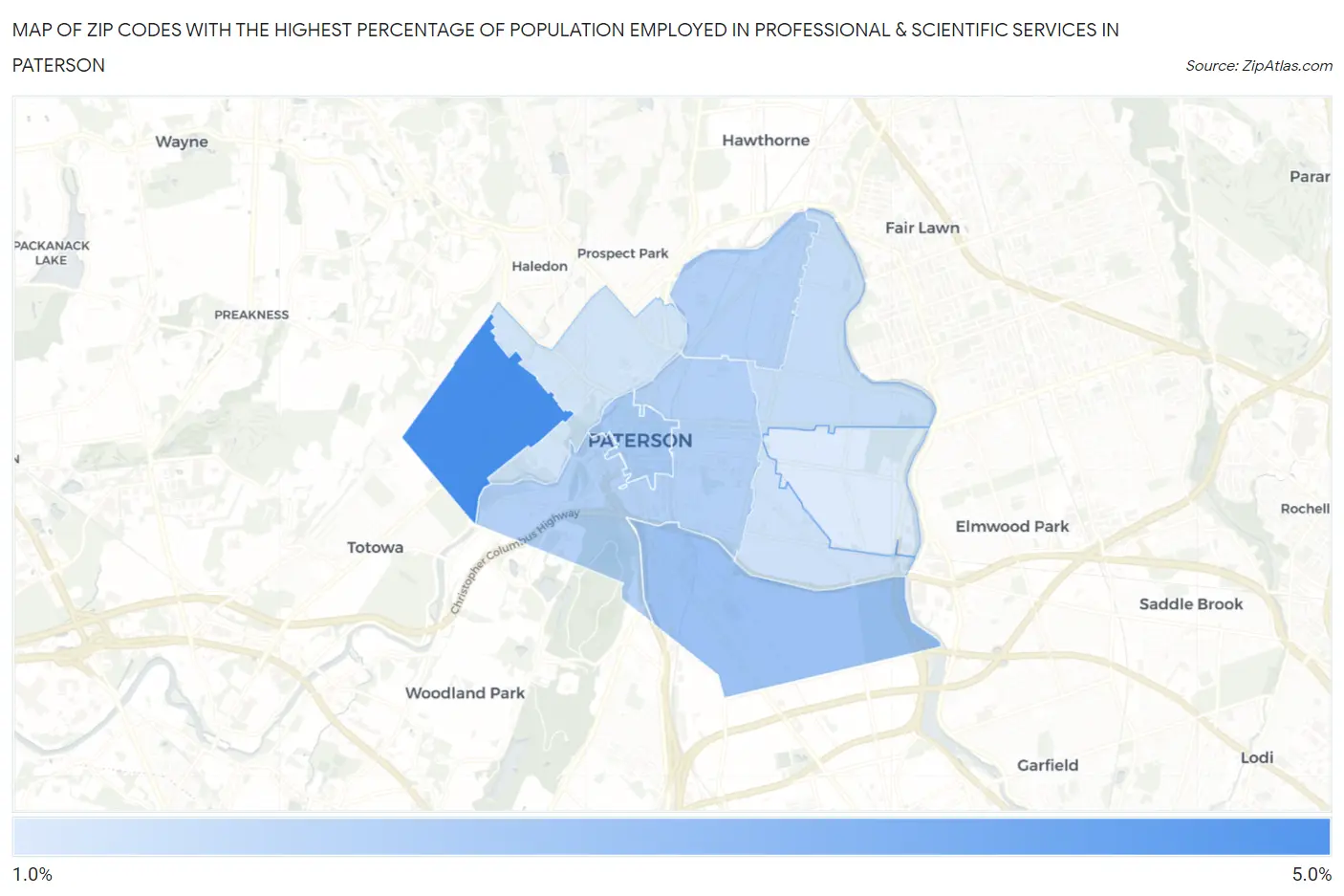 Zip Codes with the Highest Percentage of Population Employed in Professional & Scientific Services in Paterson Map