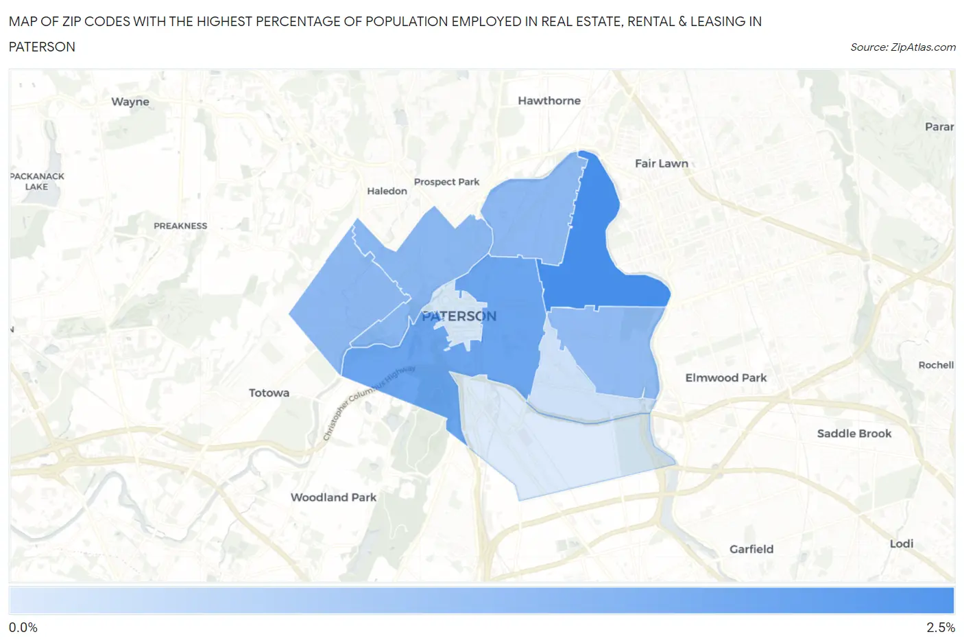Zip Codes with the Highest Percentage of Population Employed in Real Estate, Rental & Leasing in Paterson Map