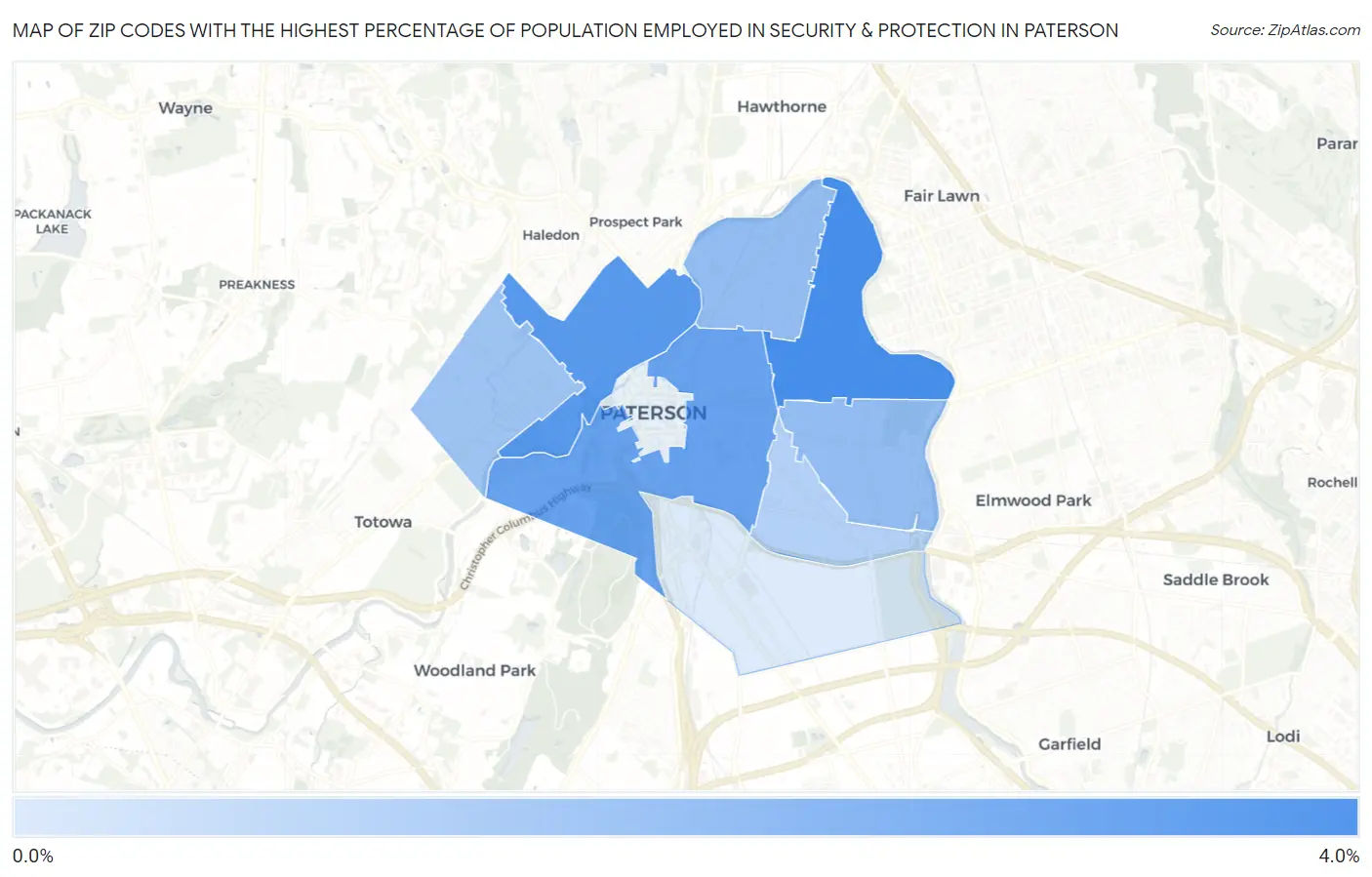 Zip Codes with the Highest Percentage of Population Employed in Security & Protection in Paterson Map