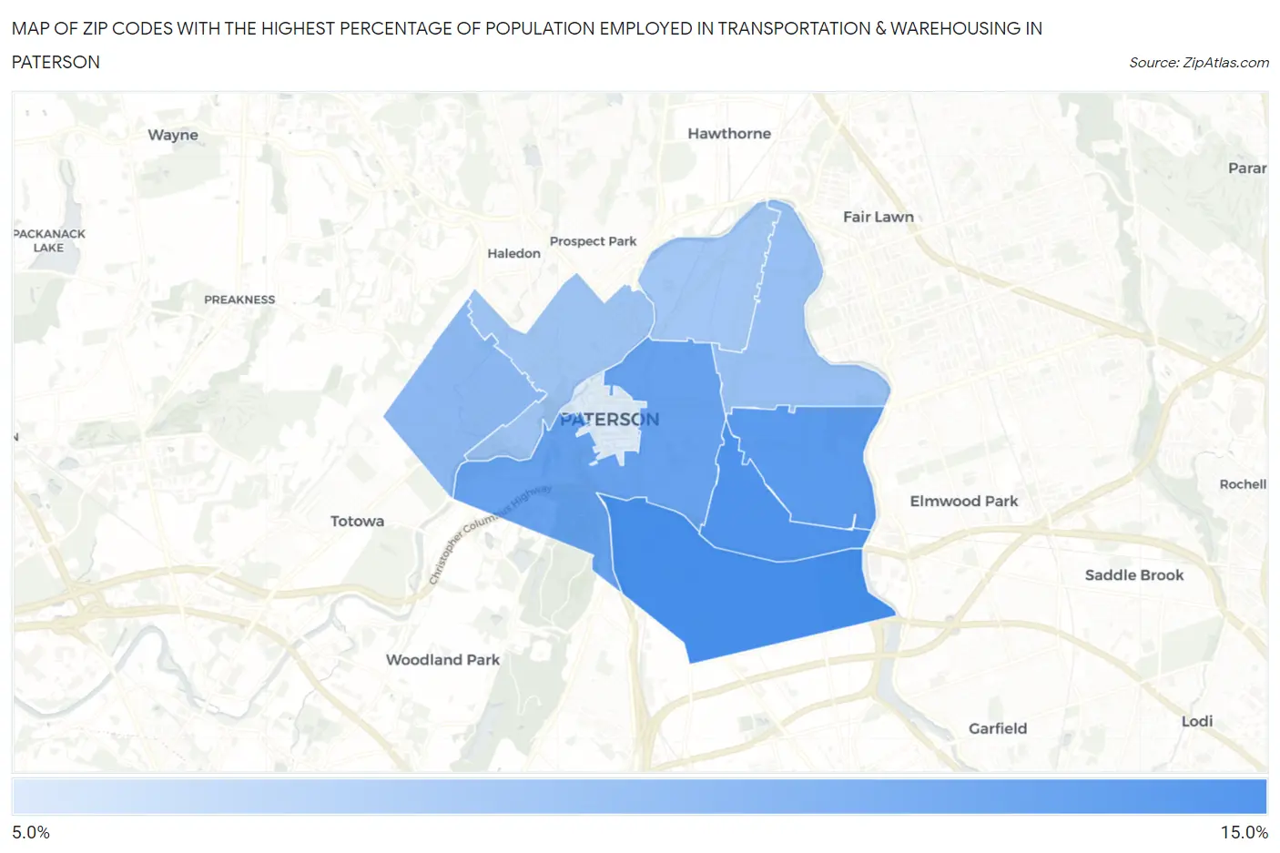 Zip Codes with the Highest Percentage of Population Employed in Transportation & Warehousing in Paterson Map