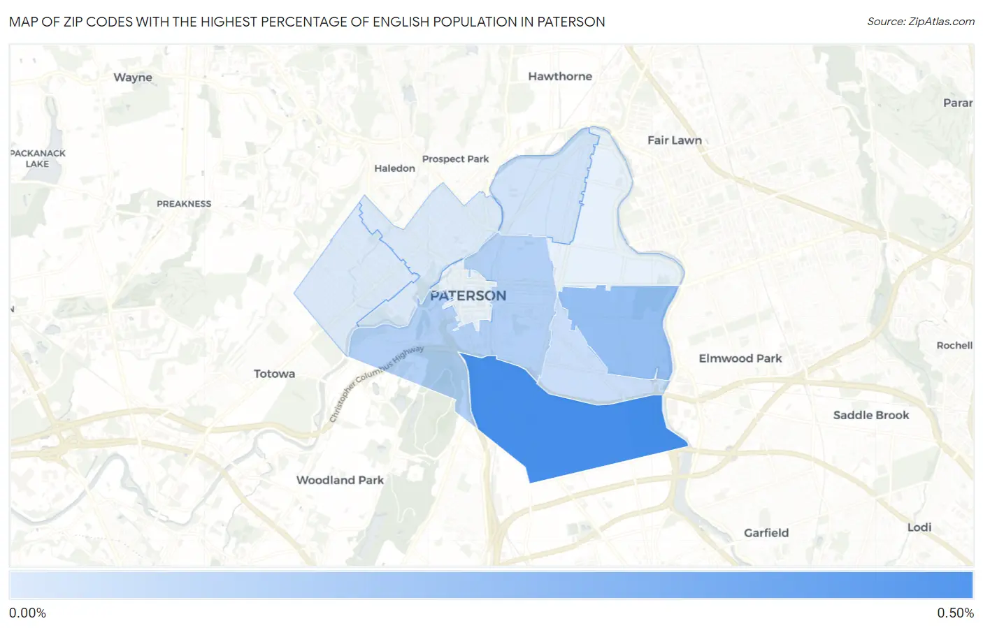 Zip Codes with the Highest Percentage of English Population in Paterson Map