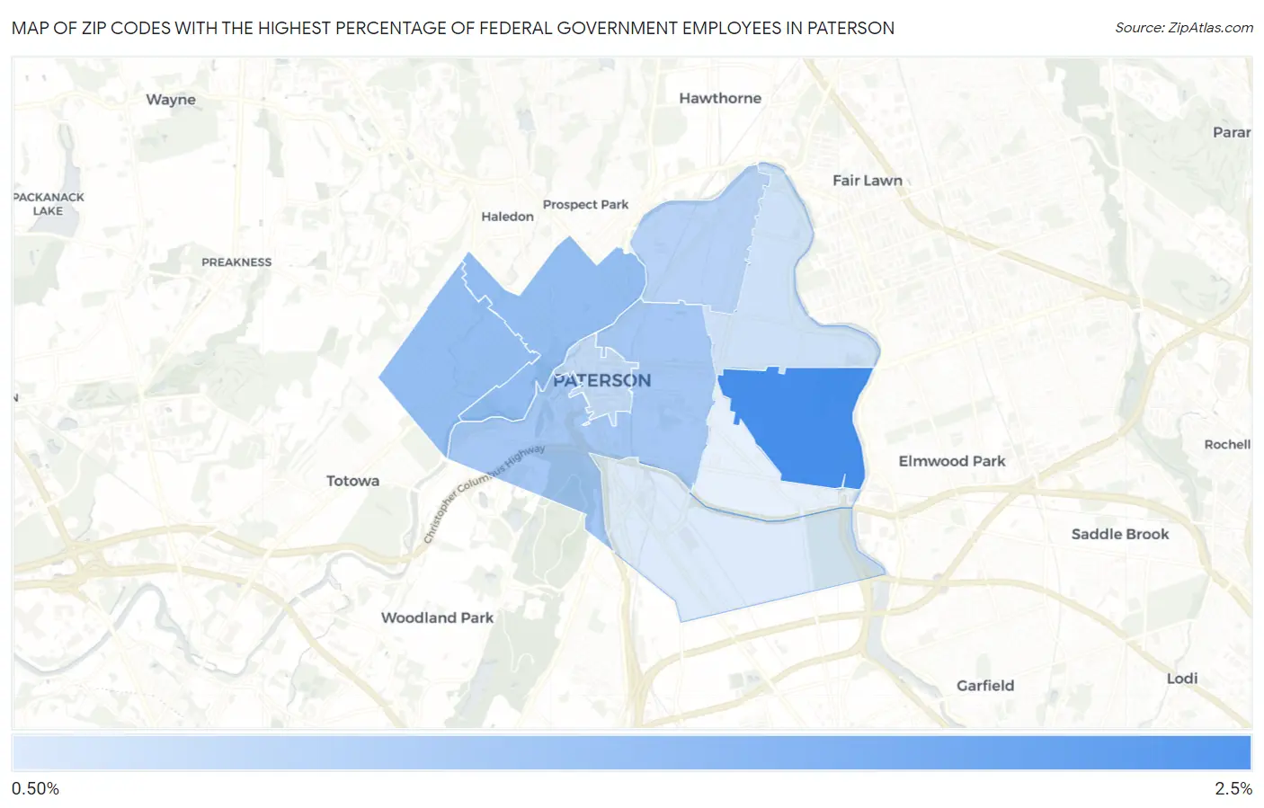 Zip Codes with the Highest Percentage of Federal Government Employees in Paterson Map