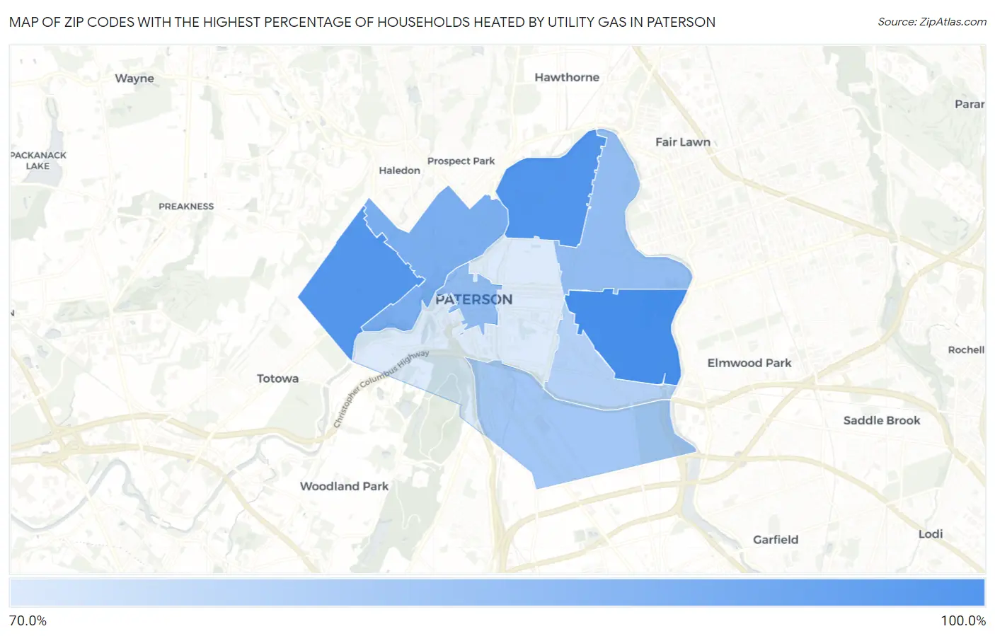 Zip Codes with the Highest Percentage of Households Heated by Utility Gas in Paterson Map