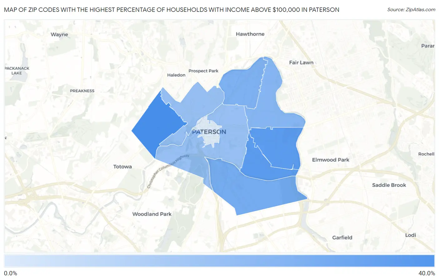 Zip Codes with the Highest Percentage of Households with Income Above $100,000 in Paterson Map