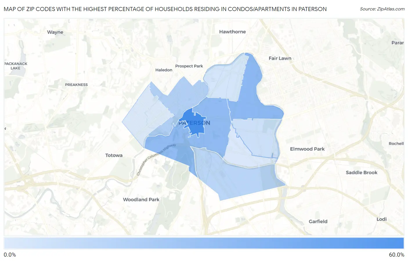 Zip Codes with the Highest Percentage of Households Residing in Condos/Apartments in Paterson Map