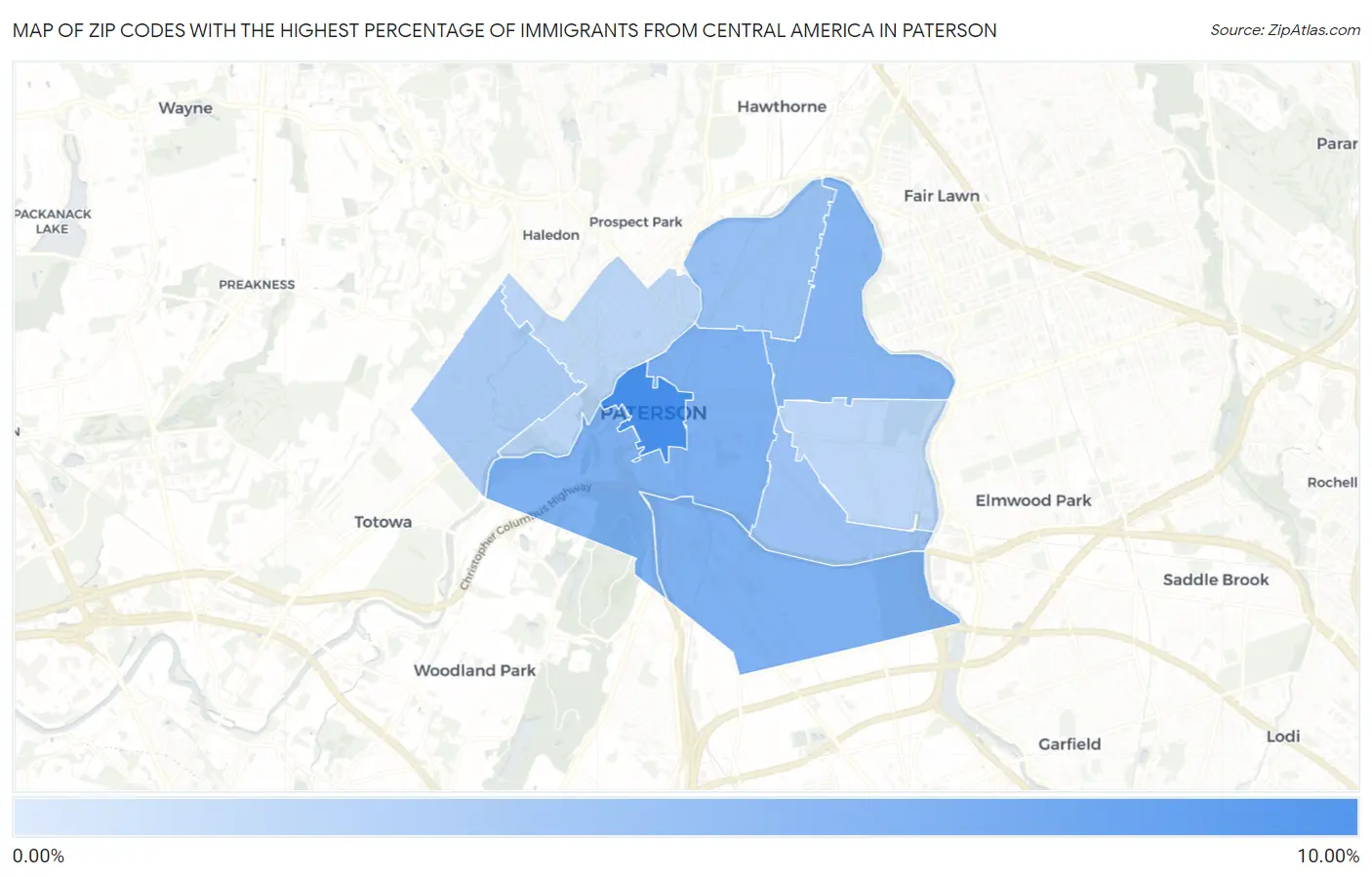 Zip Codes with the Highest Percentage of Immigrants from Central America in Paterson Map