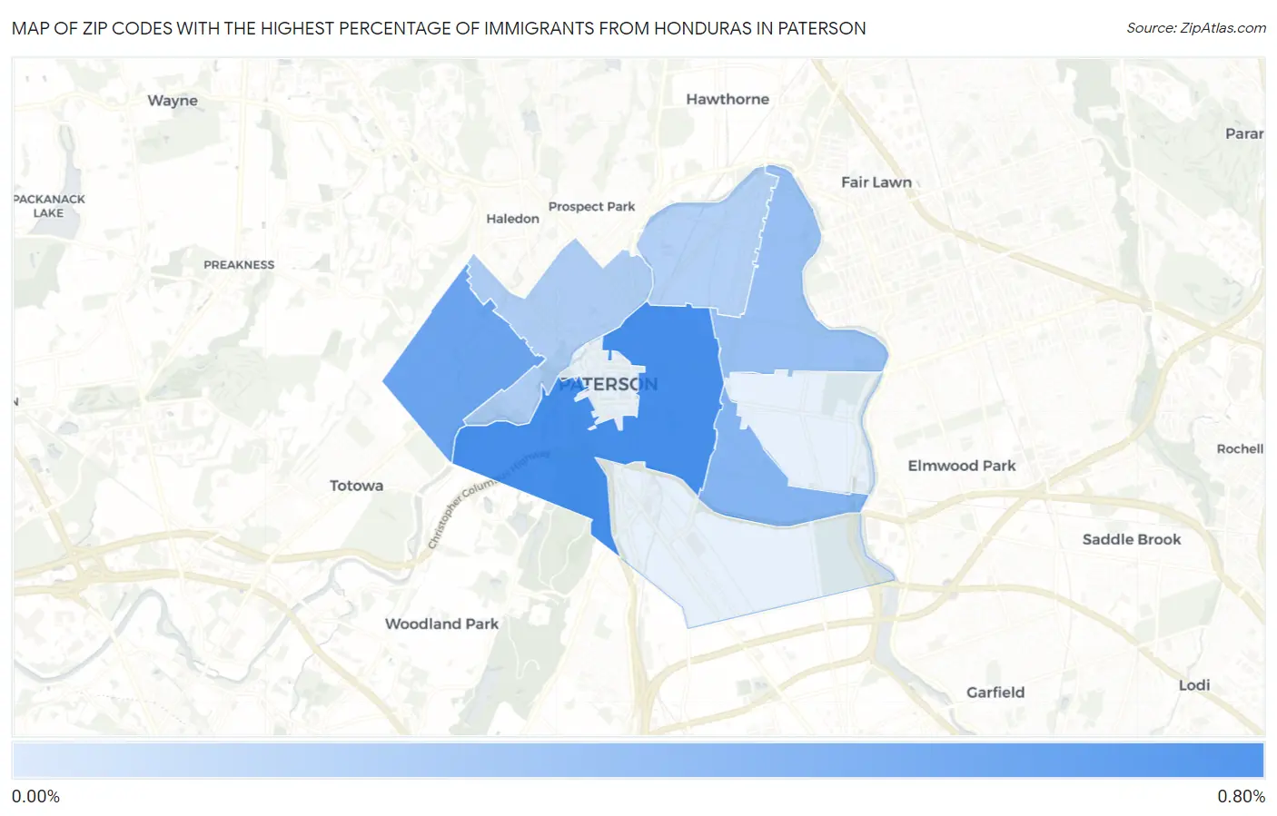 Zip Codes with the Highest Percentage of Immigrants from Honduras in Paterson Map
