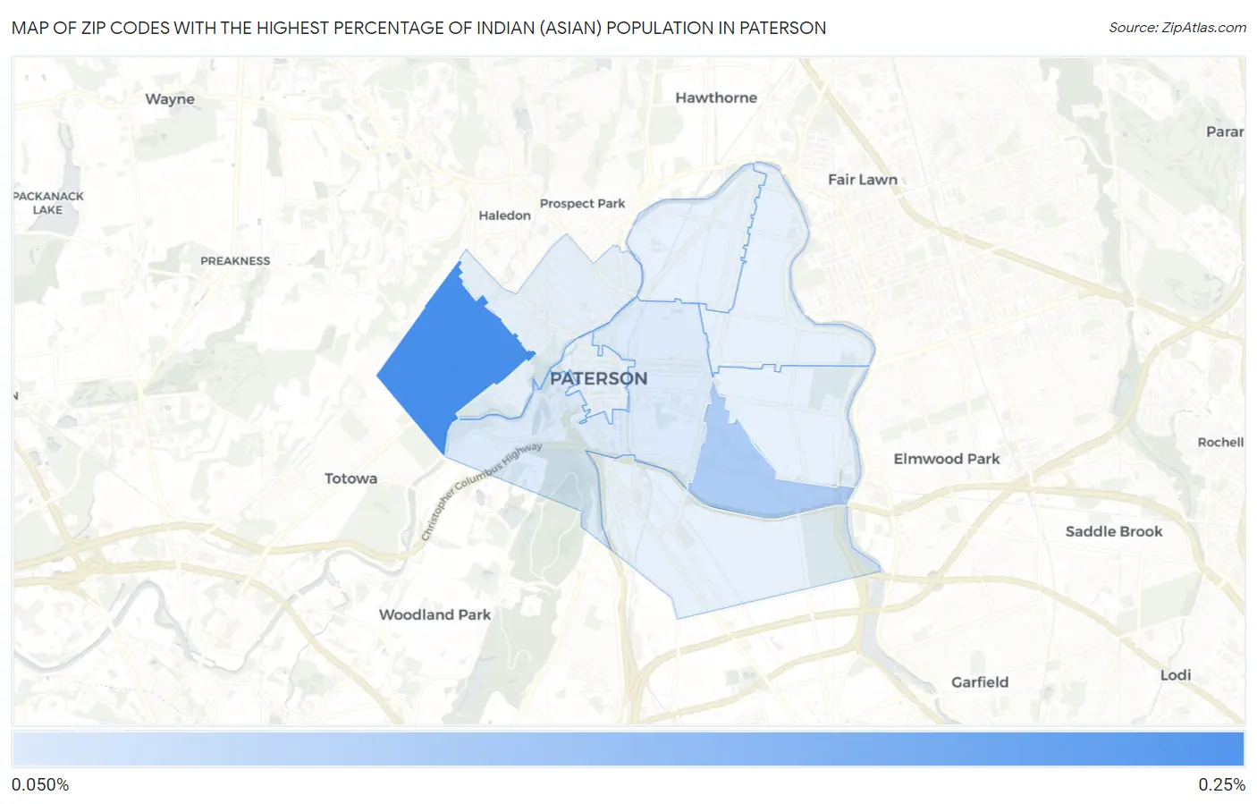 Zip Codes with the Highest Percentage of Indian (Asian) Population in Paterson Map