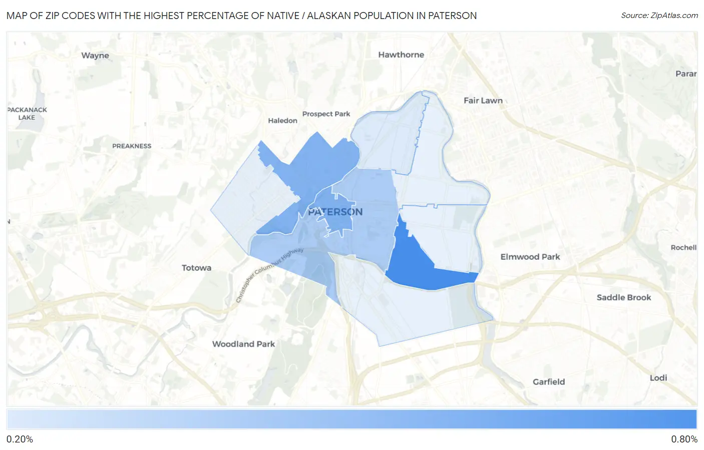 Zip Codes with the Highest Percentage of Native / Alaskan Population in Paterson Map