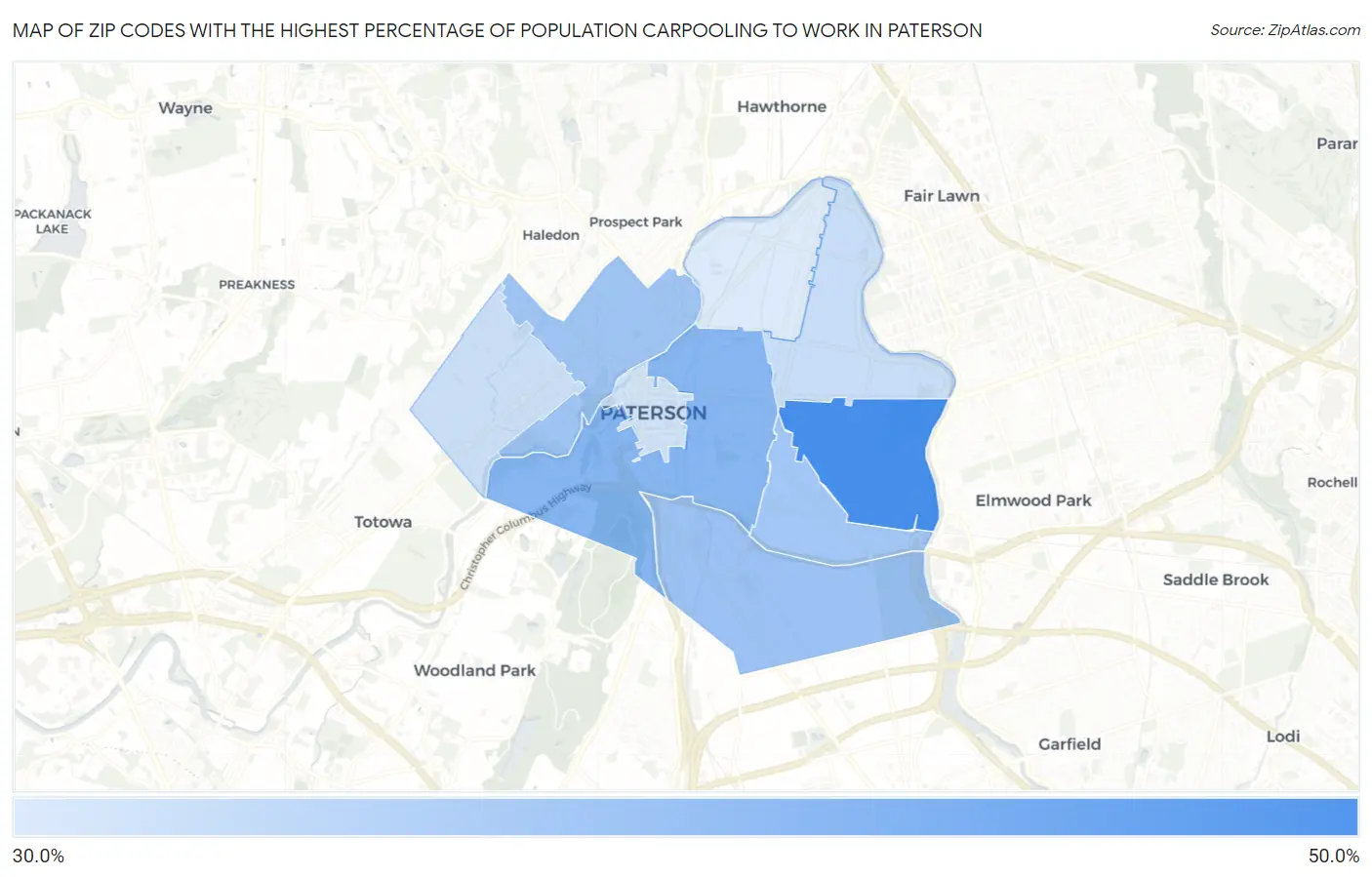 Zip Codes with the Highest Percentage of Population Carpooling to Work in Paterson Map