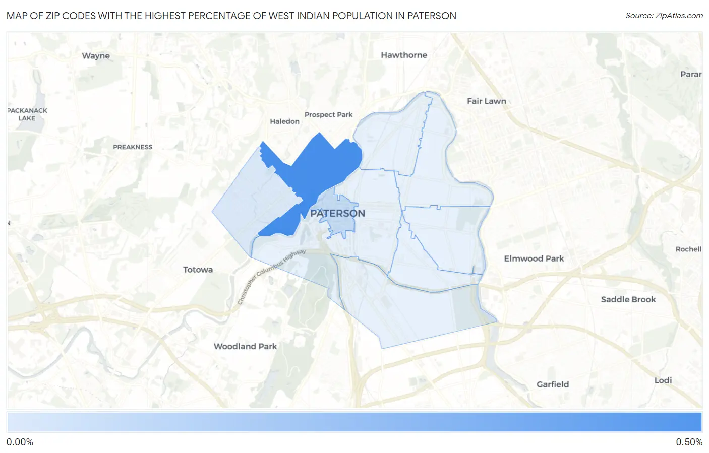Zip Codes with the Highest Percentage of West Indian Population in Paterson Map