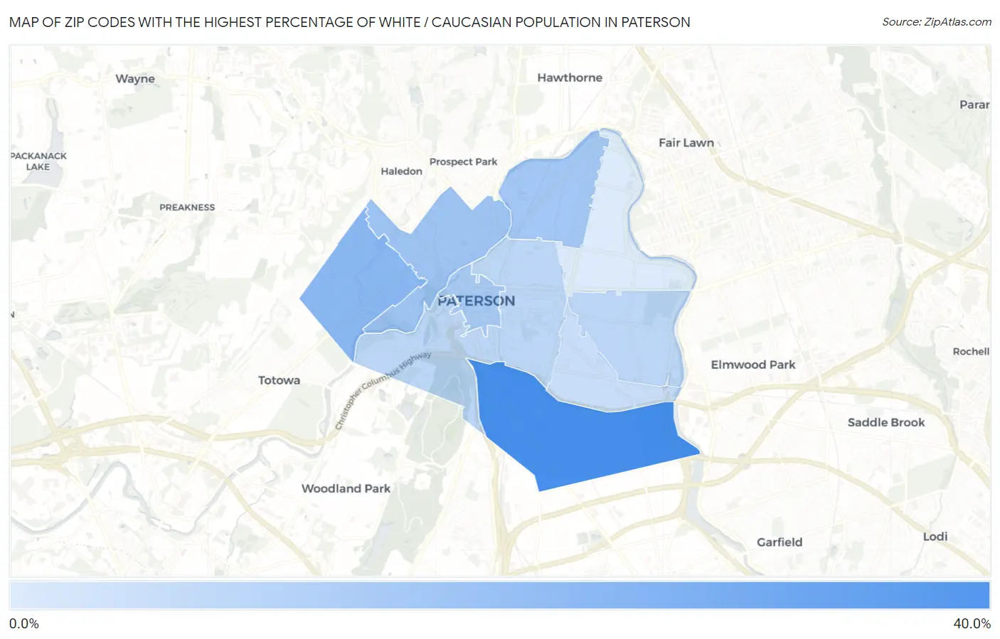 Zip Codes with the Highest Percentage of White / Caucasian Population in Paterson Map