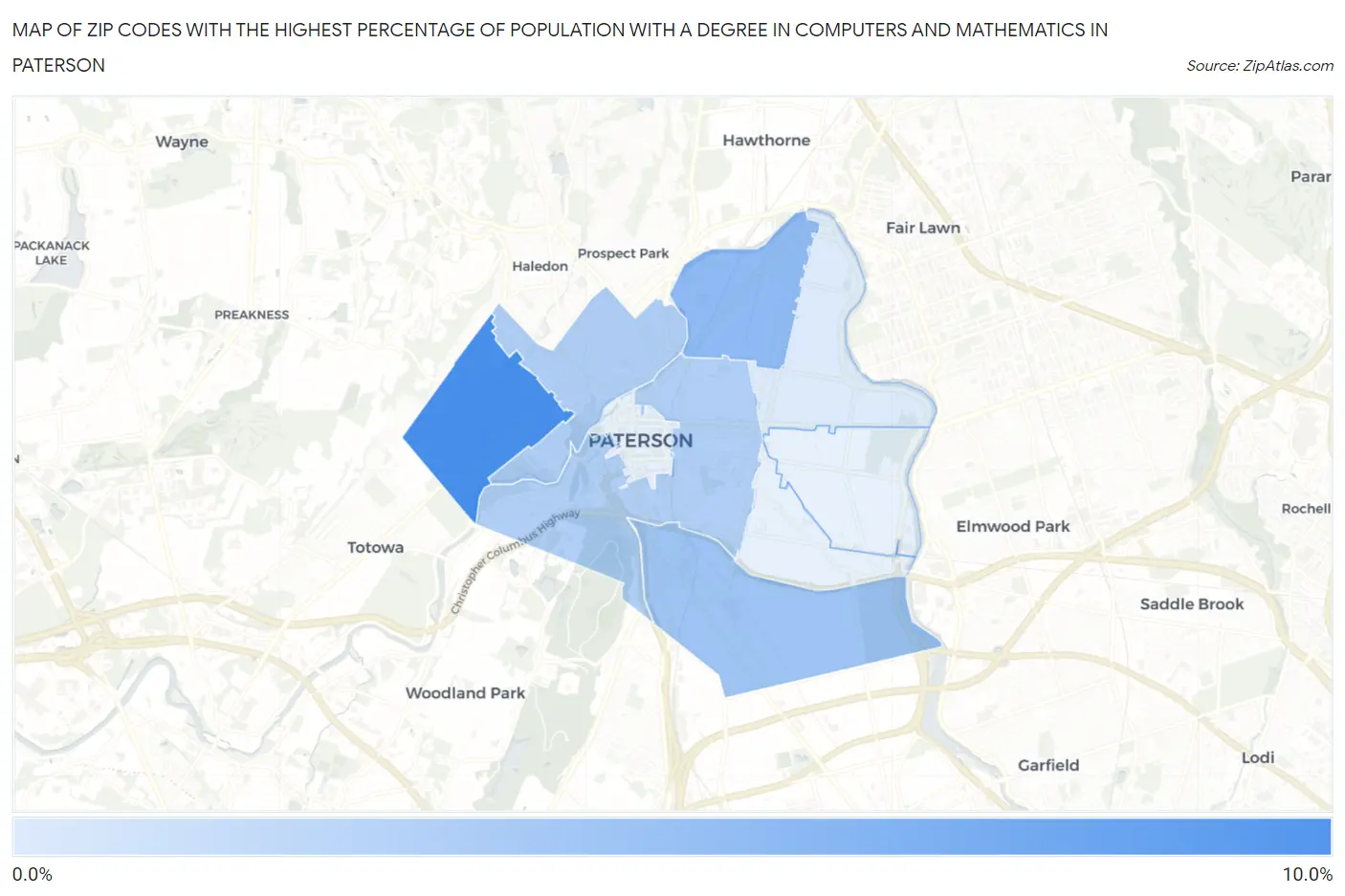 Zip Codes with the Highest Percentage of Population with a Degree in Computers and Mathematics in Paterson Map