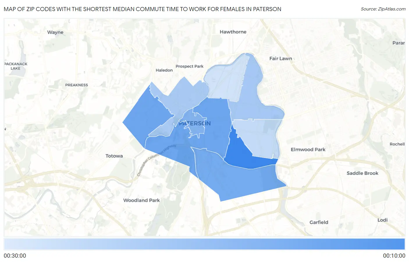 Zip Codes with the Shortest Median Commute Time to Work for Females in Paterson Map