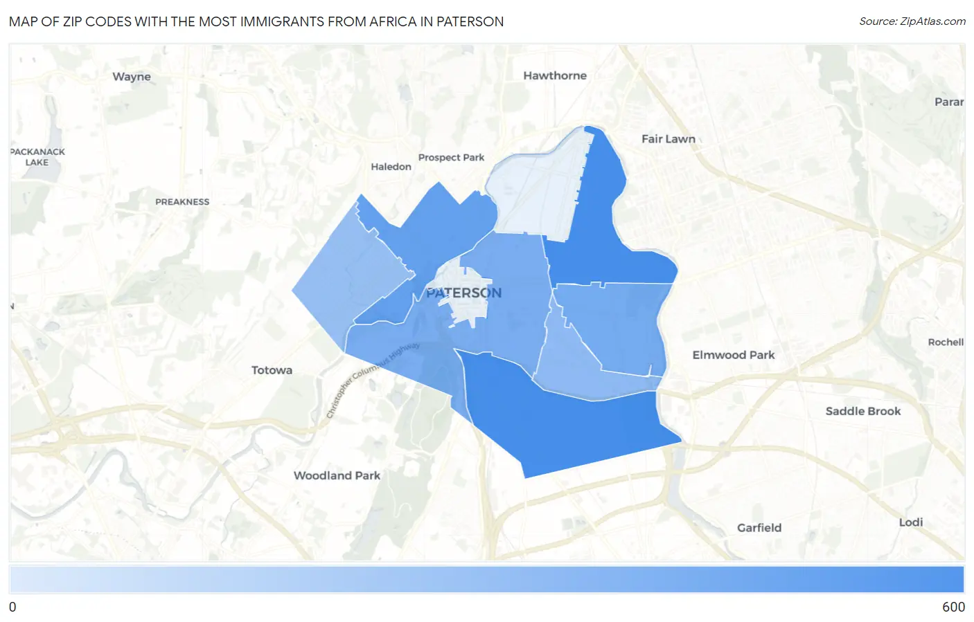 Zip Codes with the Most Immigrants from Africa in Paterson Map