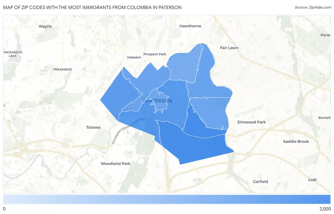 Zip Codes with the Most Immigrants from Colombia in Paterson Map