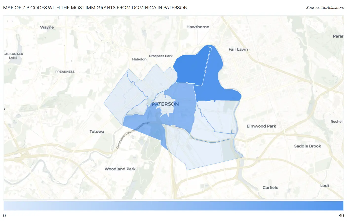 Zip Codes with the Most Immigrants from Dominica in Paterson Map