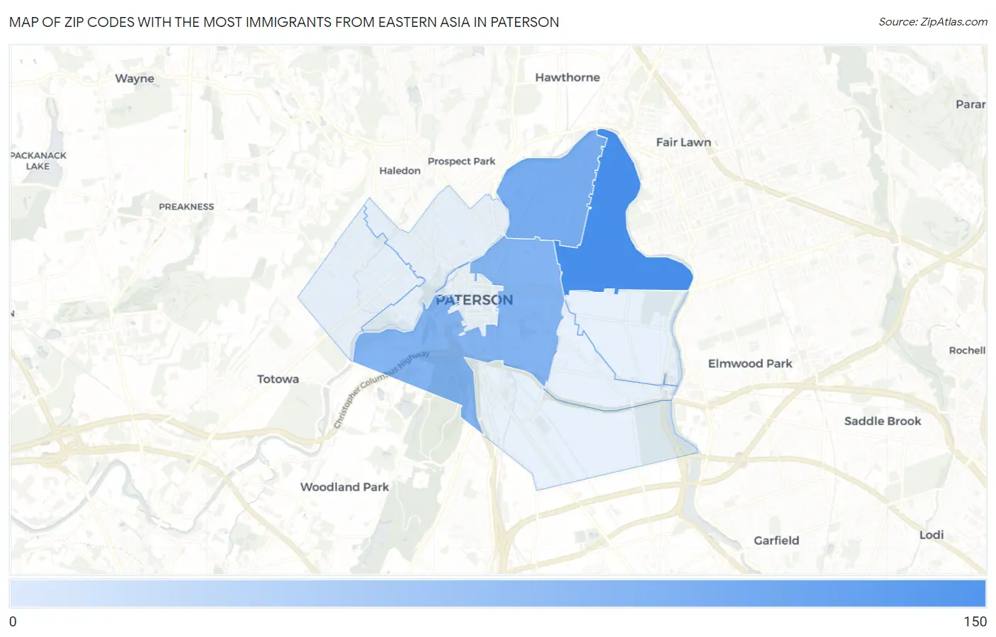 Zip Codes with the Most Immigrants from Eastern Asia in Paterson Map