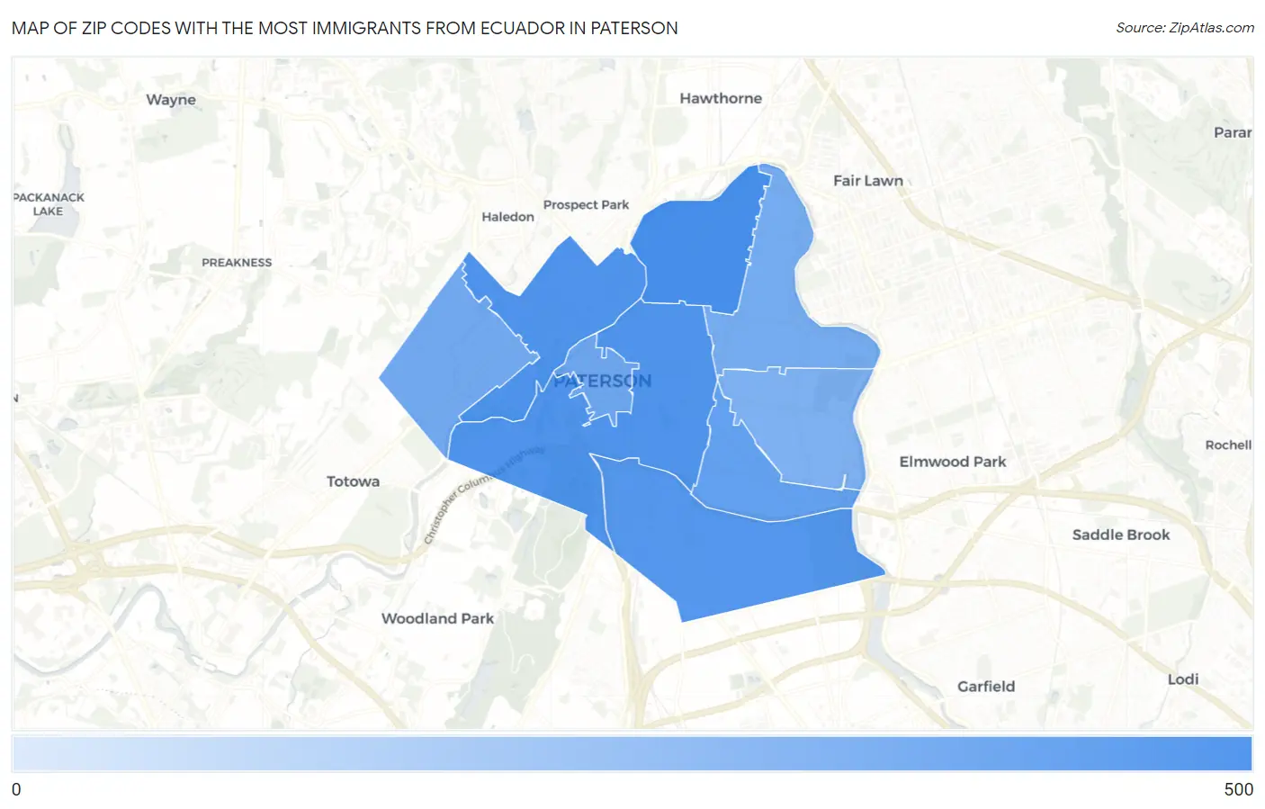 Zip Codes with the Most Immigrants from Ecuador in Paterson Map