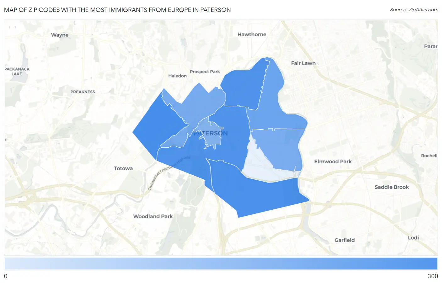 Zip Codes with the Most Immigrants from Europe in Paterson Map