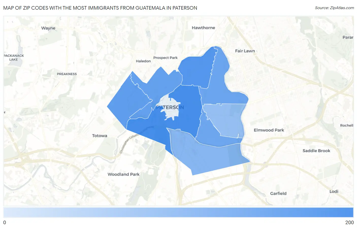 Zip Codes with the Most Immigrants from Guatemala in Paterson Map