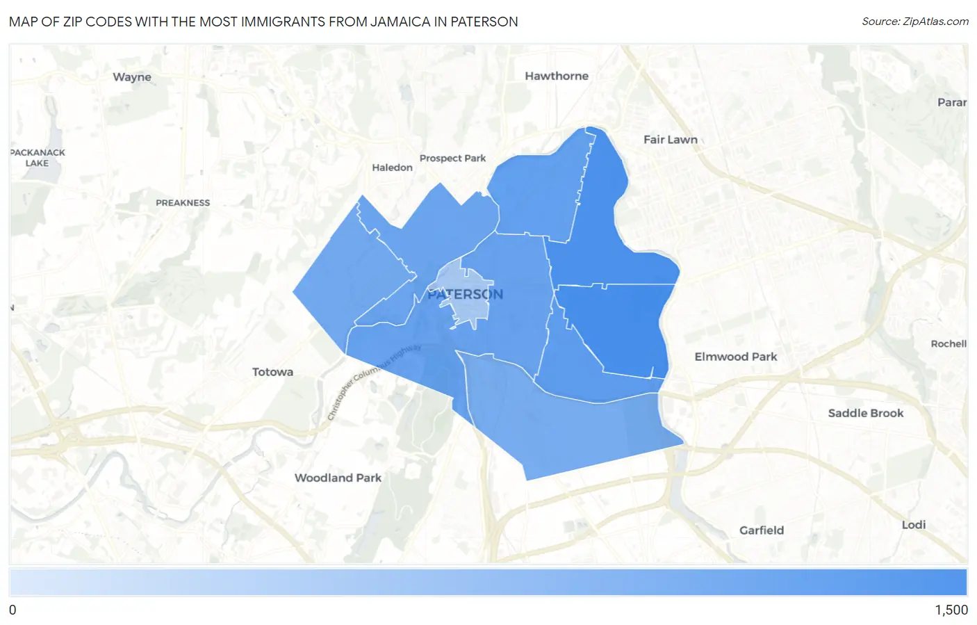 Zip Codes with the Most Immigrants from Jamaica in Paterson Map