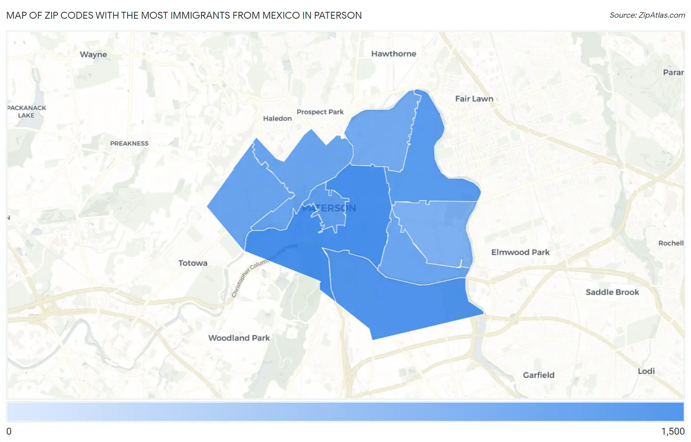 Zip Codes with the Most Immigrants from Mexico in Paterson Map