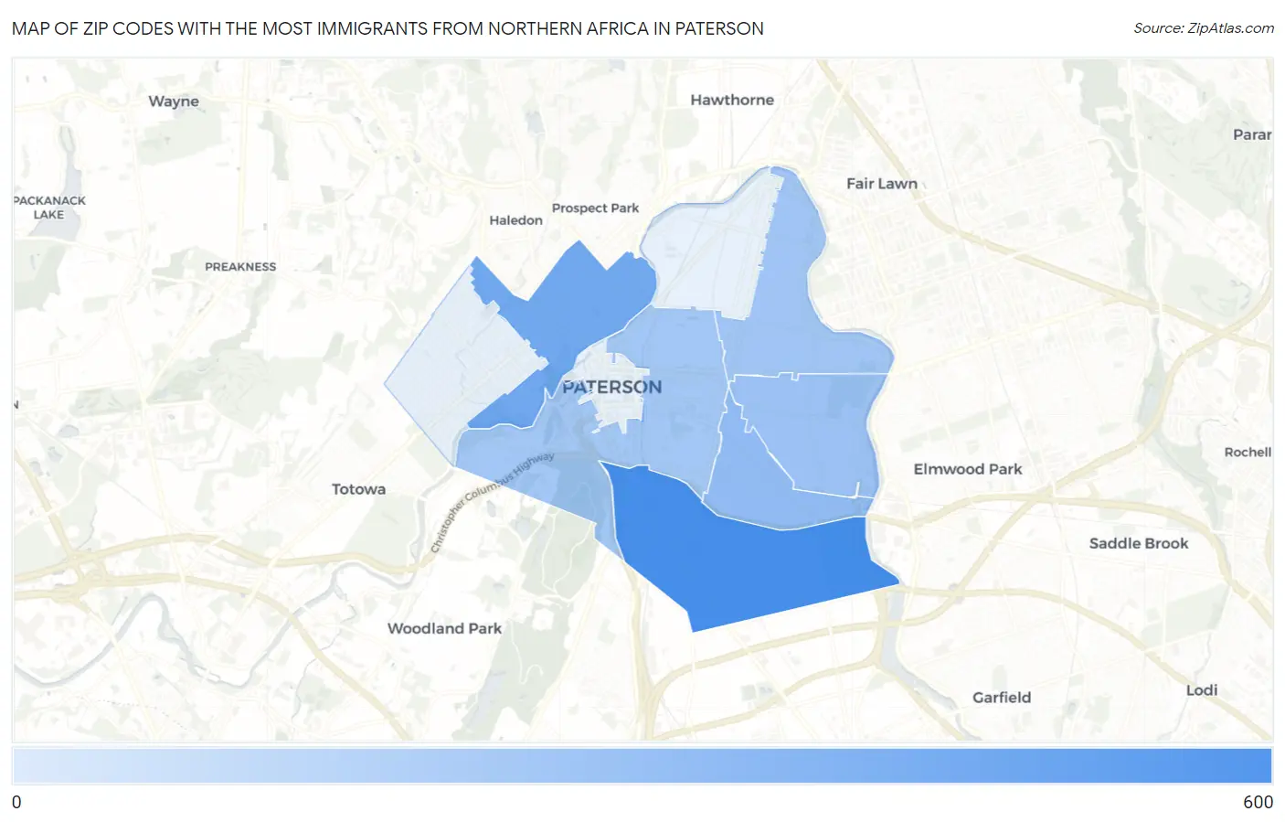 Zip Codes with the Most Immigrants from Northern Africa in Paterson Map
