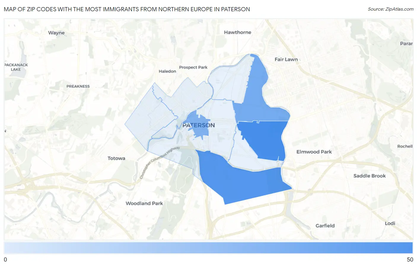 Zip Codes with the Most Immigrants from Northern Europe in Paterson Map