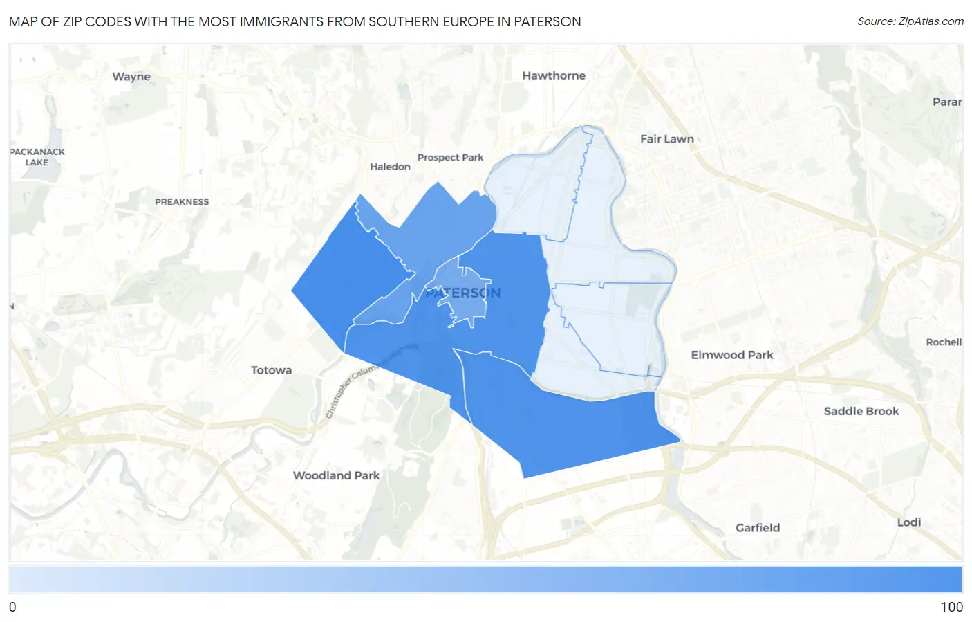 Zip Codes with the Most Immigrants from Southern Europe in Paterson Map