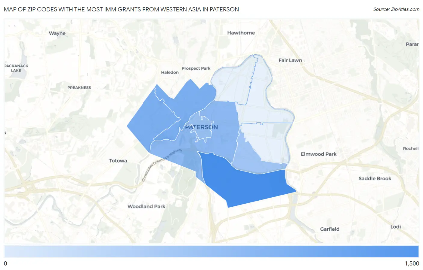 Zip Codes with the Most Immigrants from Western Asia in Paterson Map