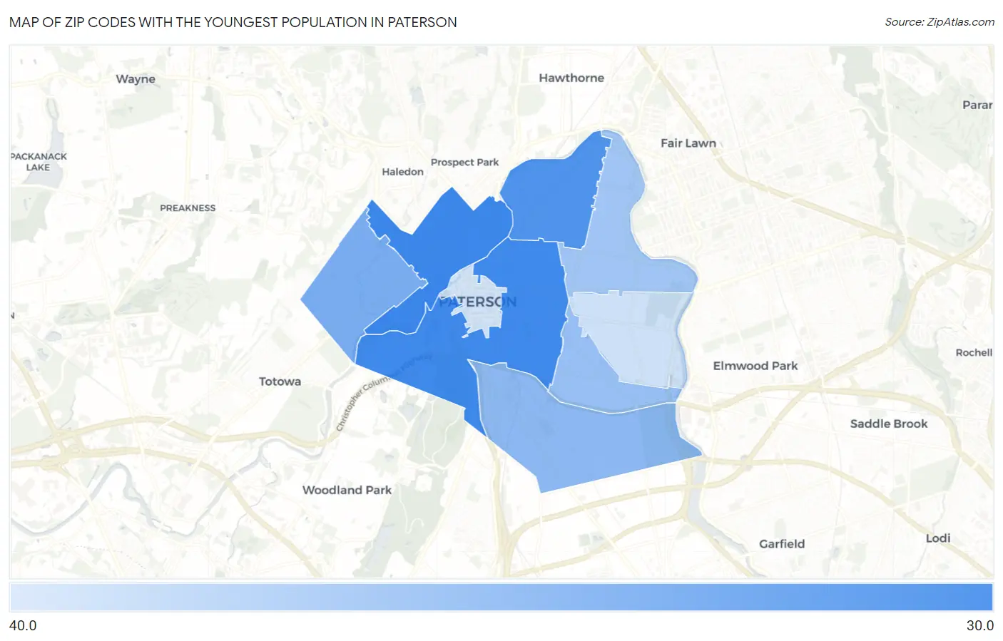 Zip Codes with the Youngest Population in Paterson Map