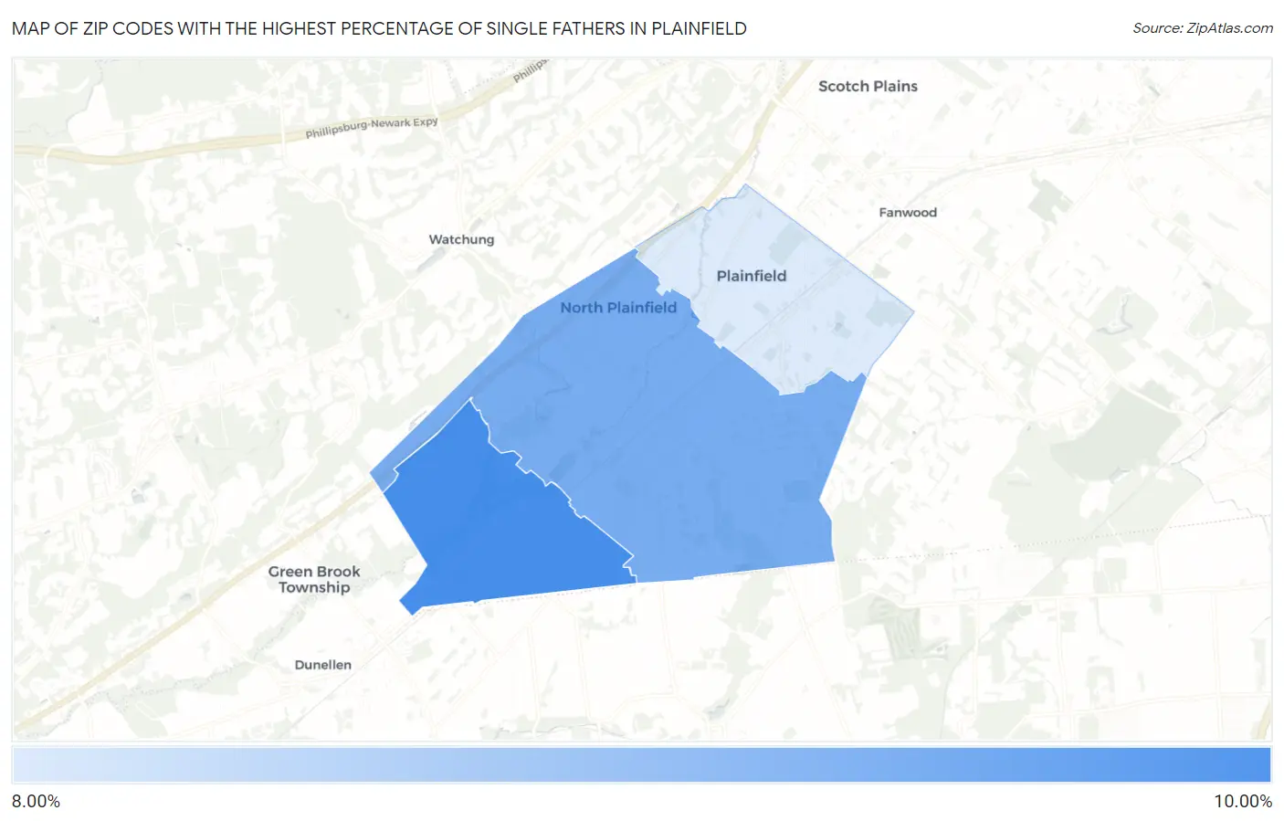 Zip Codes with the Highest Percentage of Single Fathers in Plainfield Map