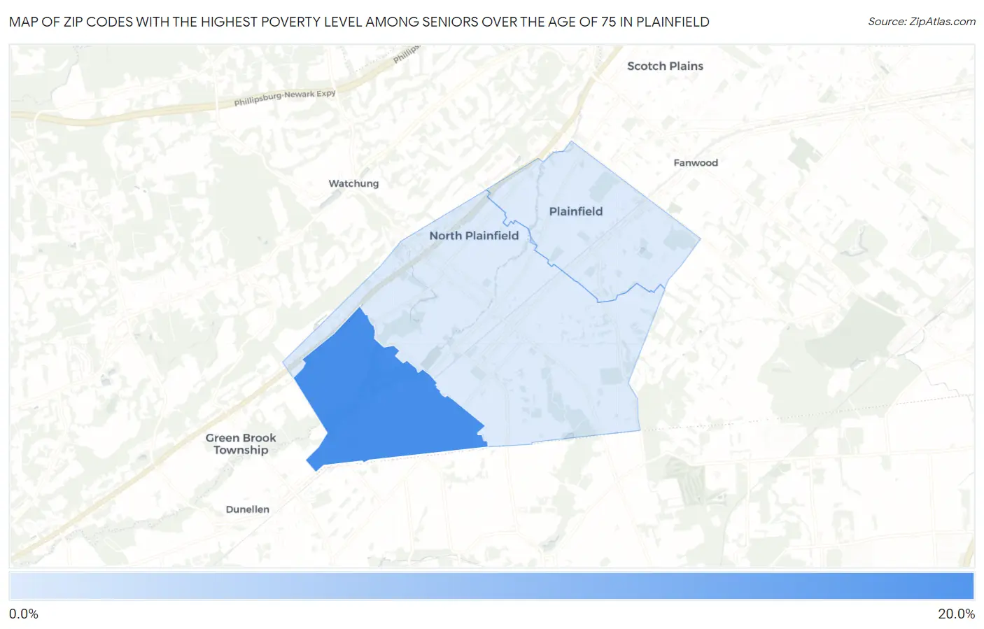 Zip Codes with the Highest Poverty Level Among Seniors Over the Age of 75 in Plainfield Map