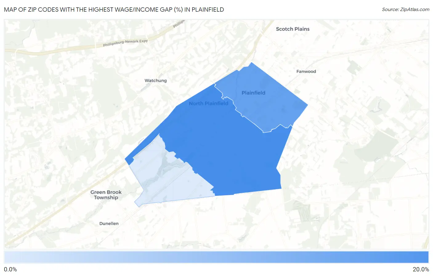 Zip Codes with the Highest Wage/Income Gap (%) in Plainfield Map