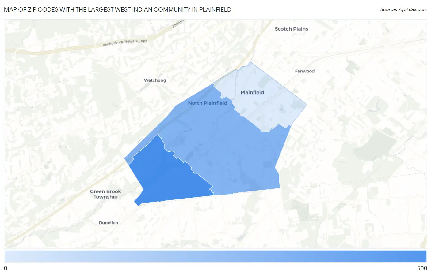 Zip Codes with the Largest West Indian Community in Plainfield Map