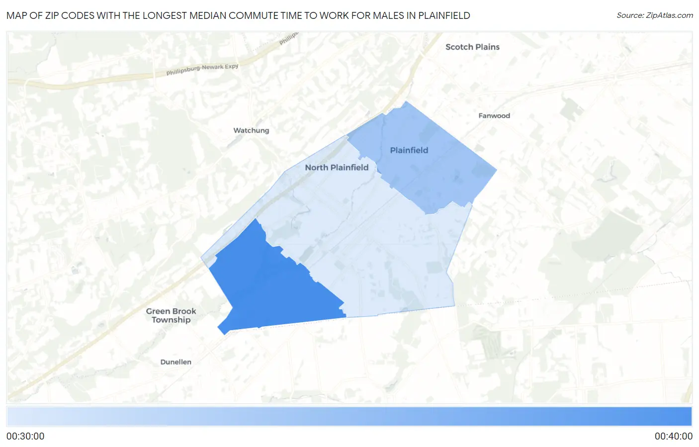 Zip Codes with the Longest Median Commute Time to Work for Males in Plainfield Map