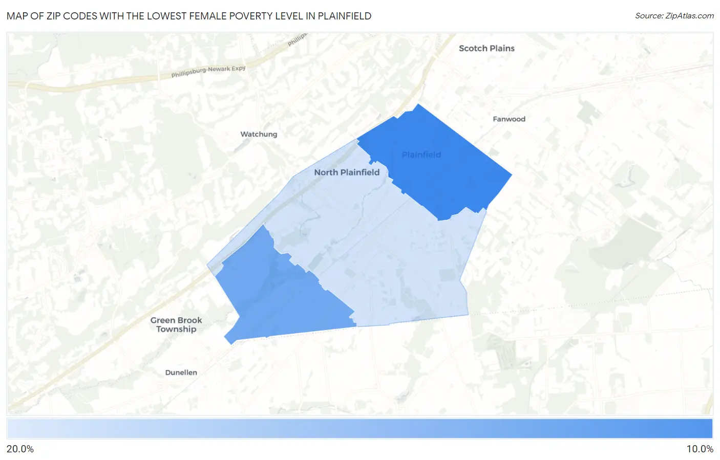Zip Codes with the Lowest Female Poverty Level in Plainfield Map