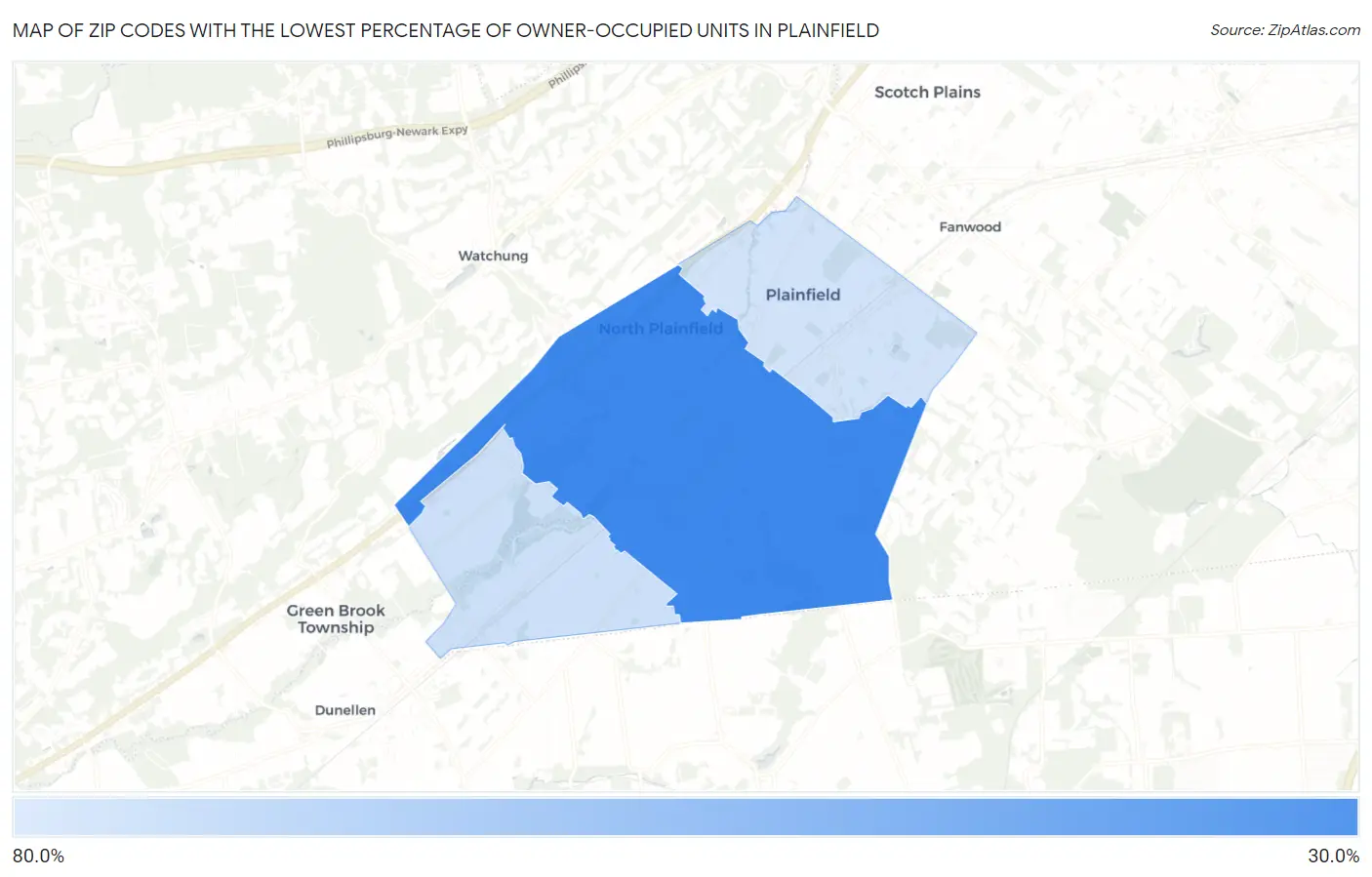 Zip Codes with the Lowest Percentage of Owner-Occupied Units in Plainfield Map