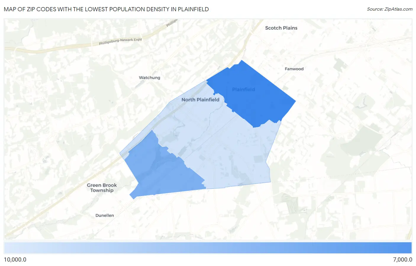 Zip Codes with the Lowest Population Density in Plainfield Map