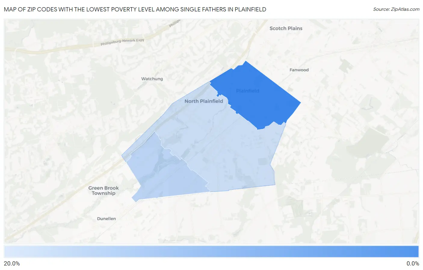 Zip Codes with the Lowest Poverty Level Among Single Fathers in Plainfield Map