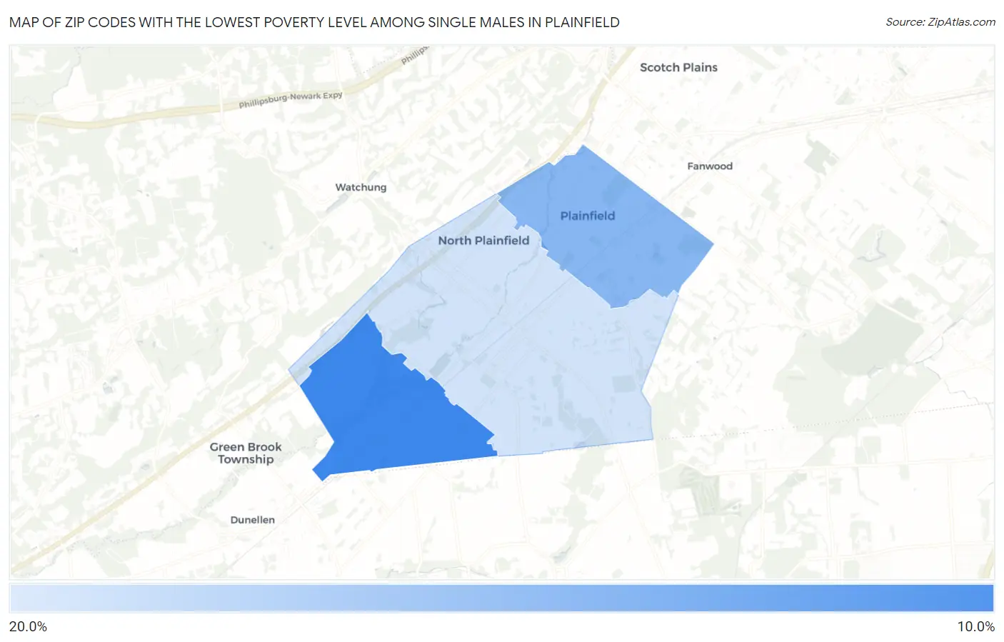 Zip Codes with the Lowest Poverty Level Among Single Males in Plainfield Map