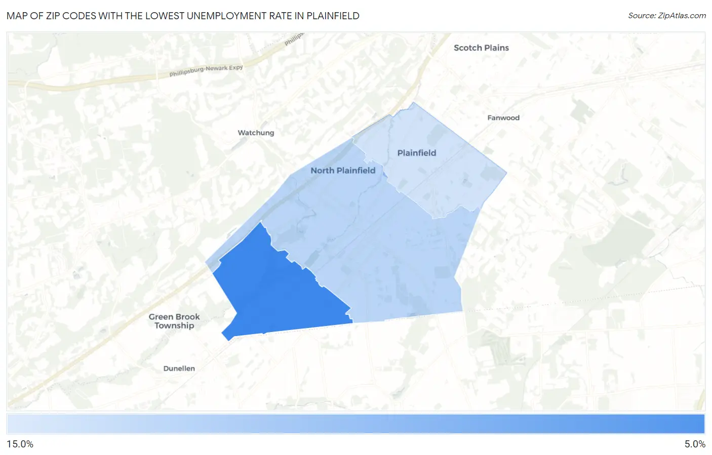 Zip Codes with the Lowest Unemployment Rate in Plainfield Map